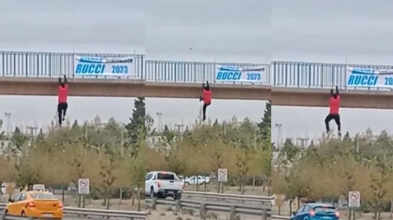 “El spiderman neuquino”un hombre colocó un cartel en un puente y quedó colgando