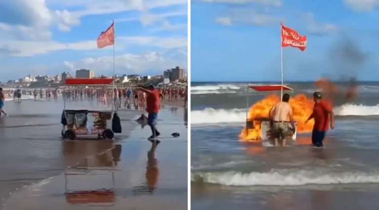 Un carrito de panchos se prendió fuego en la playa y realizaron una peligrosa maniobra para “salvarlo”