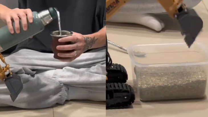 Un joven compró una excavadora de juguete a control remoto para prepararse el mate sin hacer esfuerzo