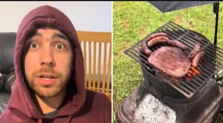 Un joven hizo asado bajo la lluvia e ideó un insólito plan para vigilarlo sin mojarse