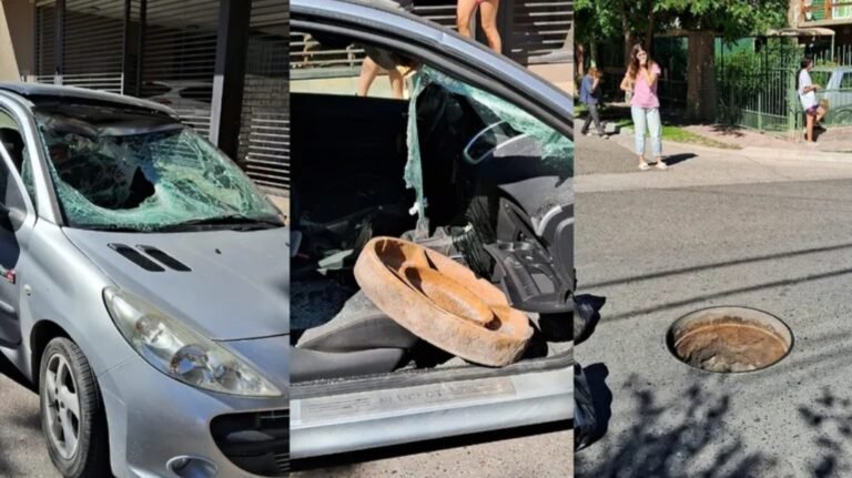 Explosión, susto y milagro: voló una tapa de alcantarilla de 200 kilos y cayó sobre un auto