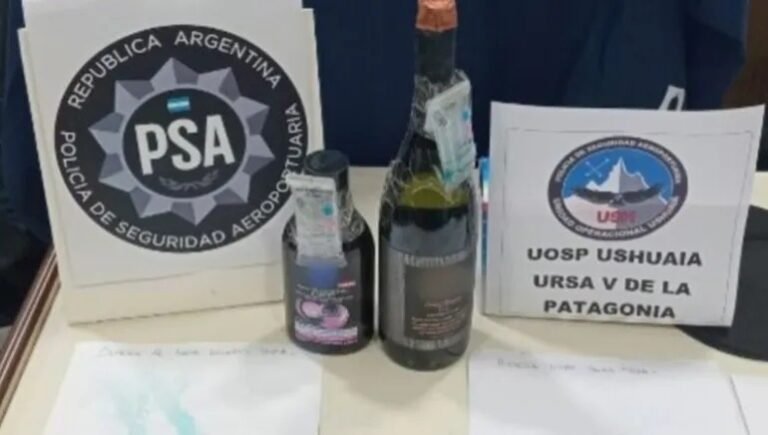 Llegaban en avión a Tierra de Fuego con cocaína liquida en botellas de vino