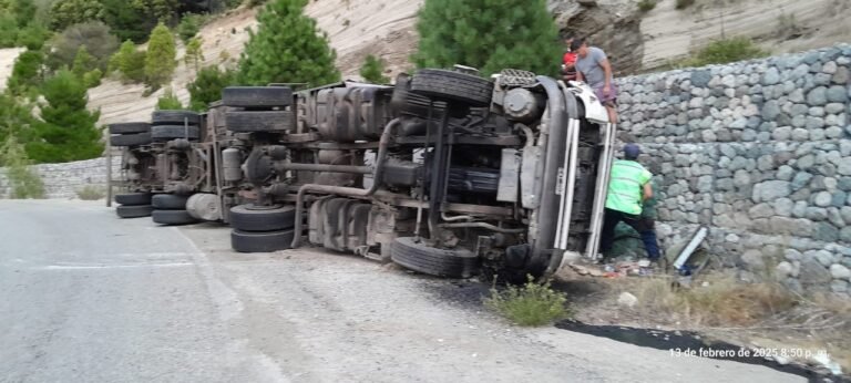 Un camión volcó, su conductor quedó atrapado y debió ser trasladado al hospital