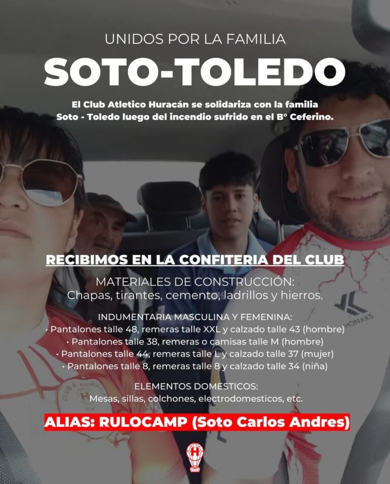 Huracán junta donaciones para la familia Soto-Toledo, que perdió todo en el incendio del B° Ceferino