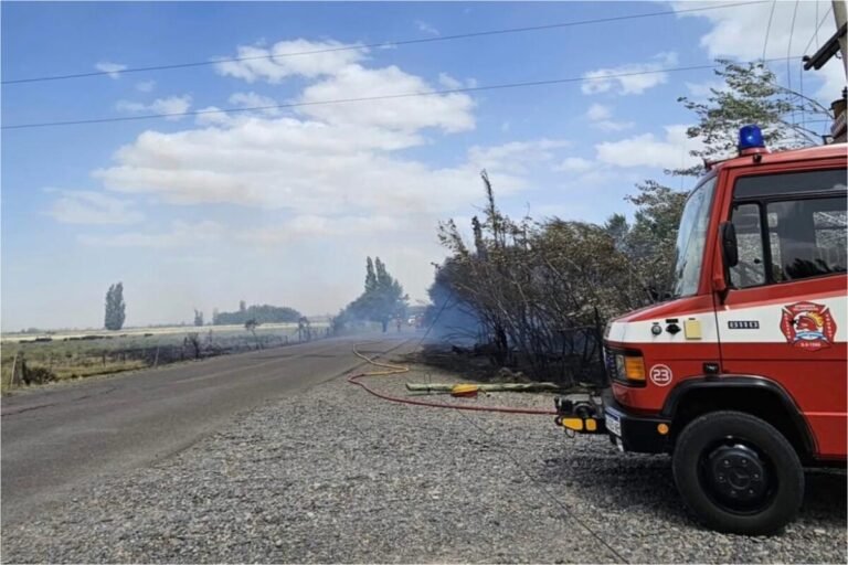 Un poste de alta tensión cayó por los fuertes vientos y desató un incendio