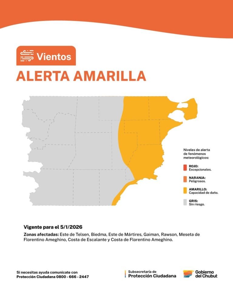 Alerta Amarilla por fuertes vientos para la madrugada del lunes