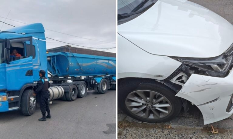 Intentó pasar a un camión en plena rotonda y terminó chocando