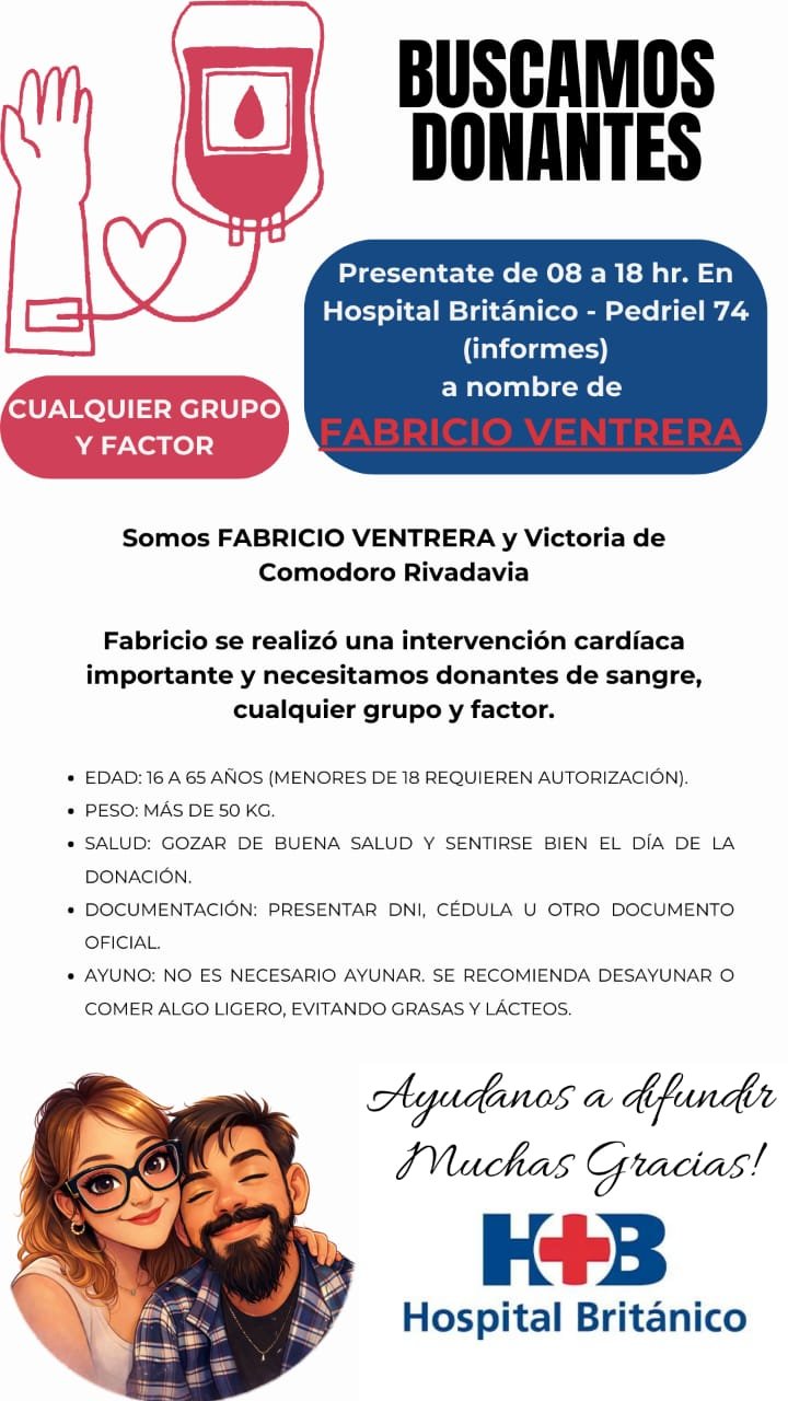 Buscan donantes de sangre para un comodorense tras intervención cardíaca en el Hospital Británico 